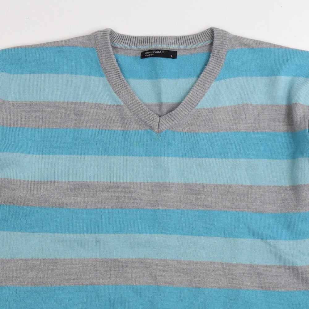 Cedar Wood State Mens Blue V-Neck Striped Viscose Pullover Jumper Size S