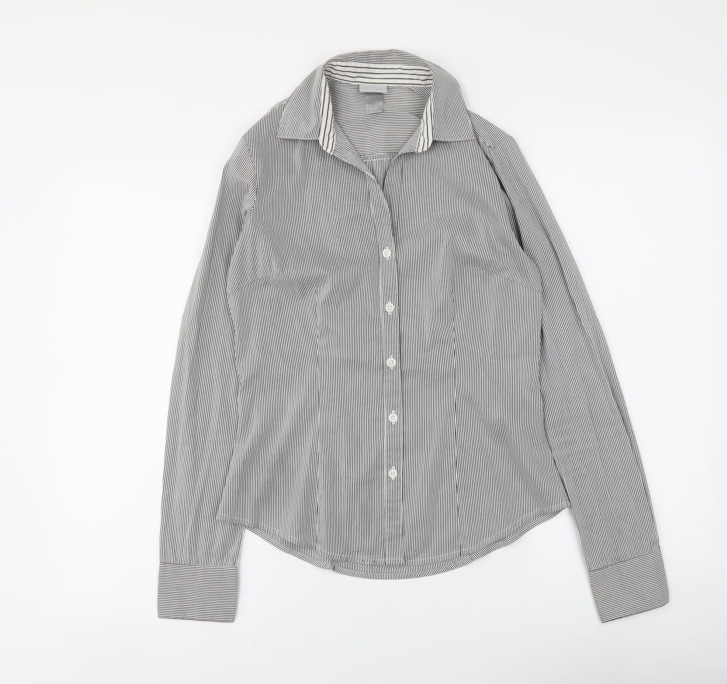 H&M Womens Grey Striped Polyester Basic Button-Up Size XS Collared