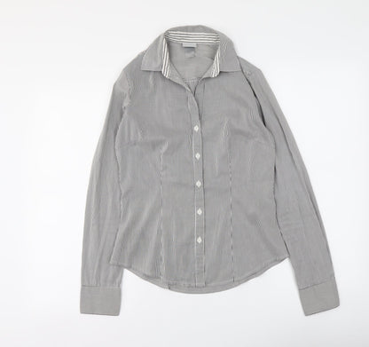 H&M Womens Grey Striped Polyester Basic Button-Up Size XS Collared