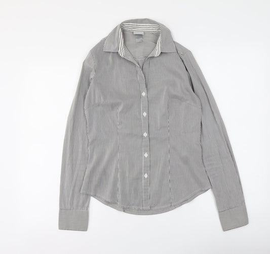 H&M Womens Grey Striped Polyester Basic Button-Up Size XS Collared
