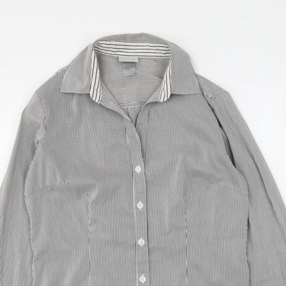 H&M Womens Grey Striped Polyester Basic Button-Up Size XS Collared