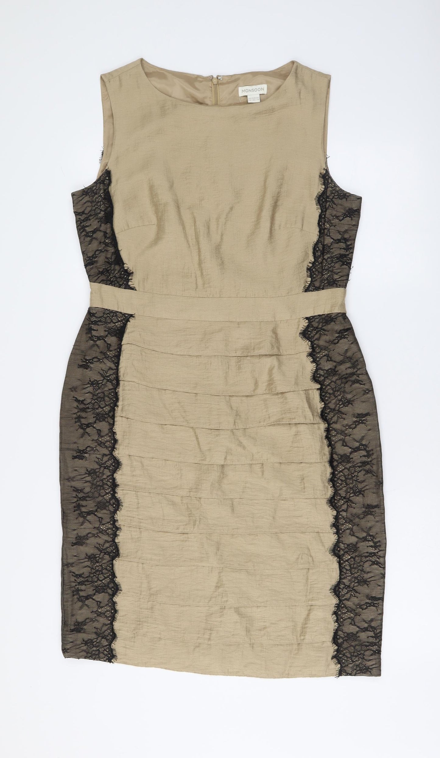Monsoon Womens Beige Lyocell Bodycon Size 14 Round Neck Zip