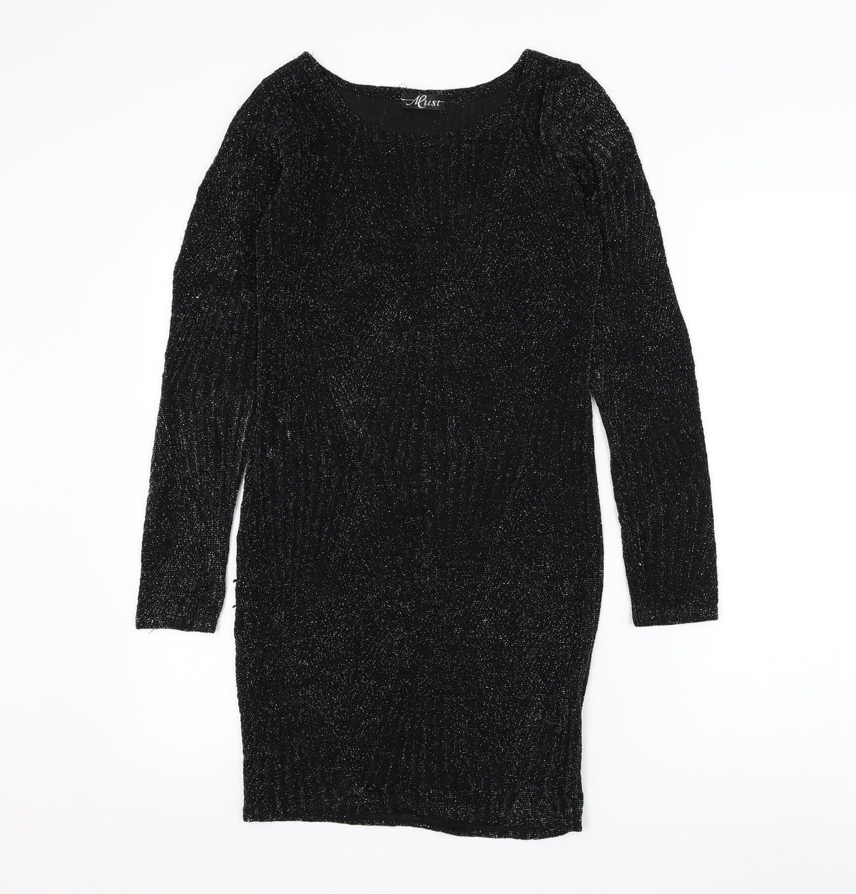Must Womens Black Geometric Polyester Bodycon Size S Round Neck Pullover