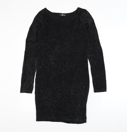 Must Womens Black Geometric Polyester Bodycon Size S Round Neck Pullover