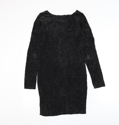 Must Womens Black Geometric Polyester Bodycon Size S Round Neck Pullover