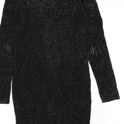 Must Womens Black Geometric Polyester Bodycon Size S Round Neck Pullover