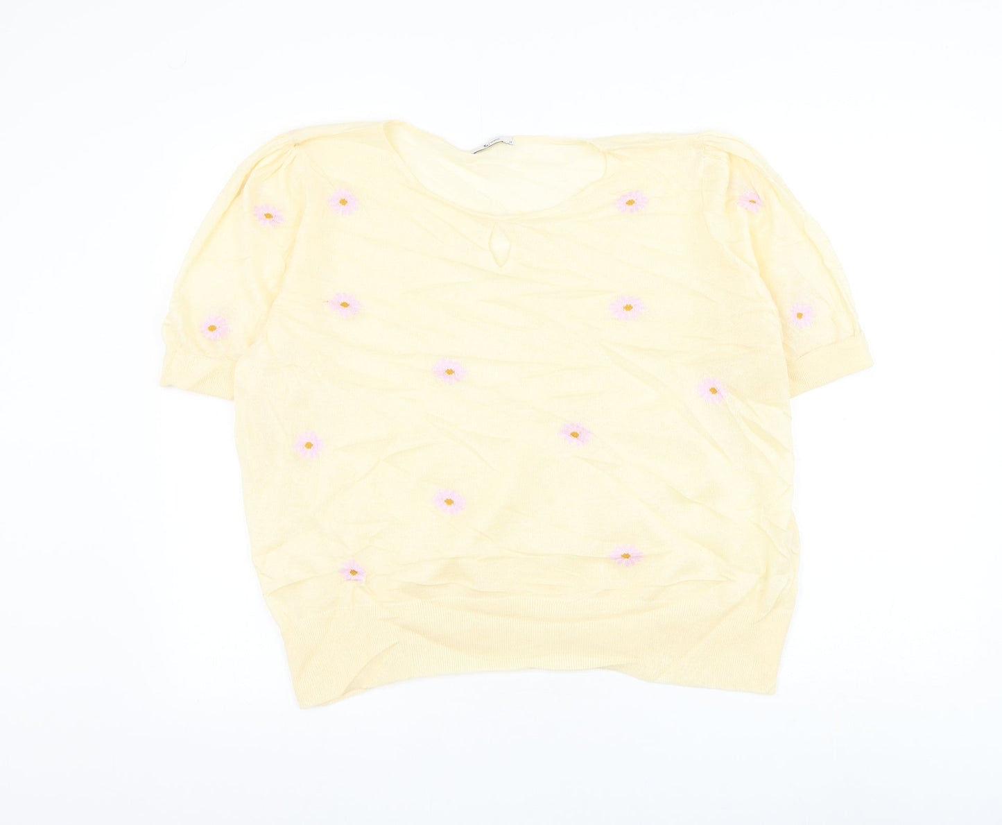 TU Womens Yellow Round Neck Floral Cotton Pullover Jumper Size 10 - Key Hole Neck