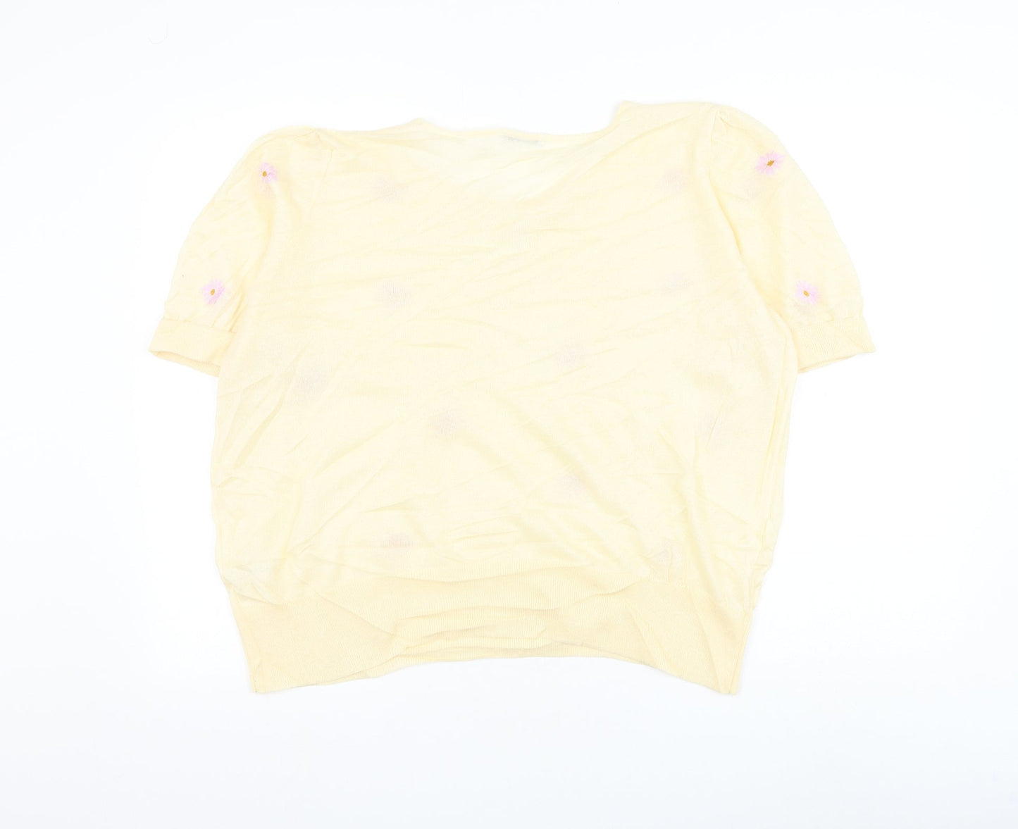 TU Womens Yellow Round Neck Floral Cotton Pullover Jumper Size 10 - Key Hole Neck