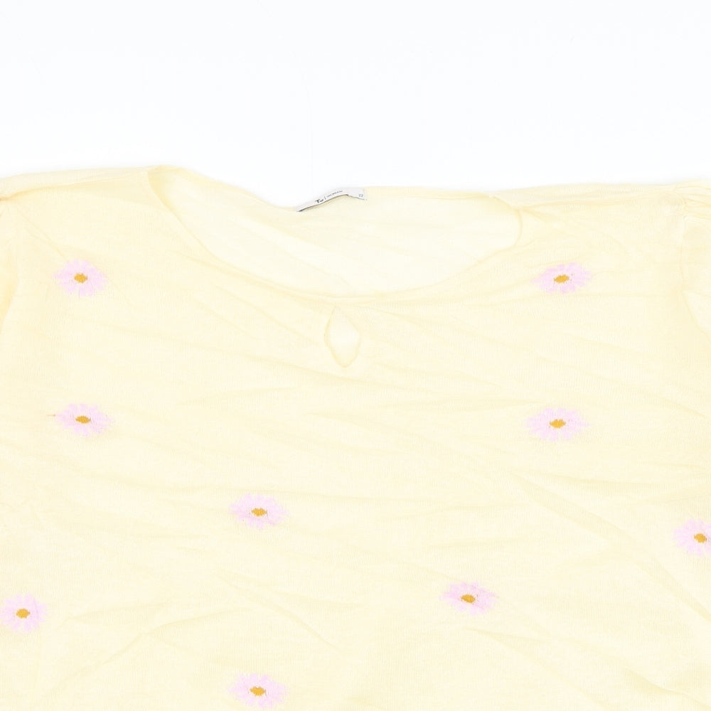 TU Womens Yellow Round Neck Floral Cotton Pullover Jumper Size 10 - Key Hole Neck