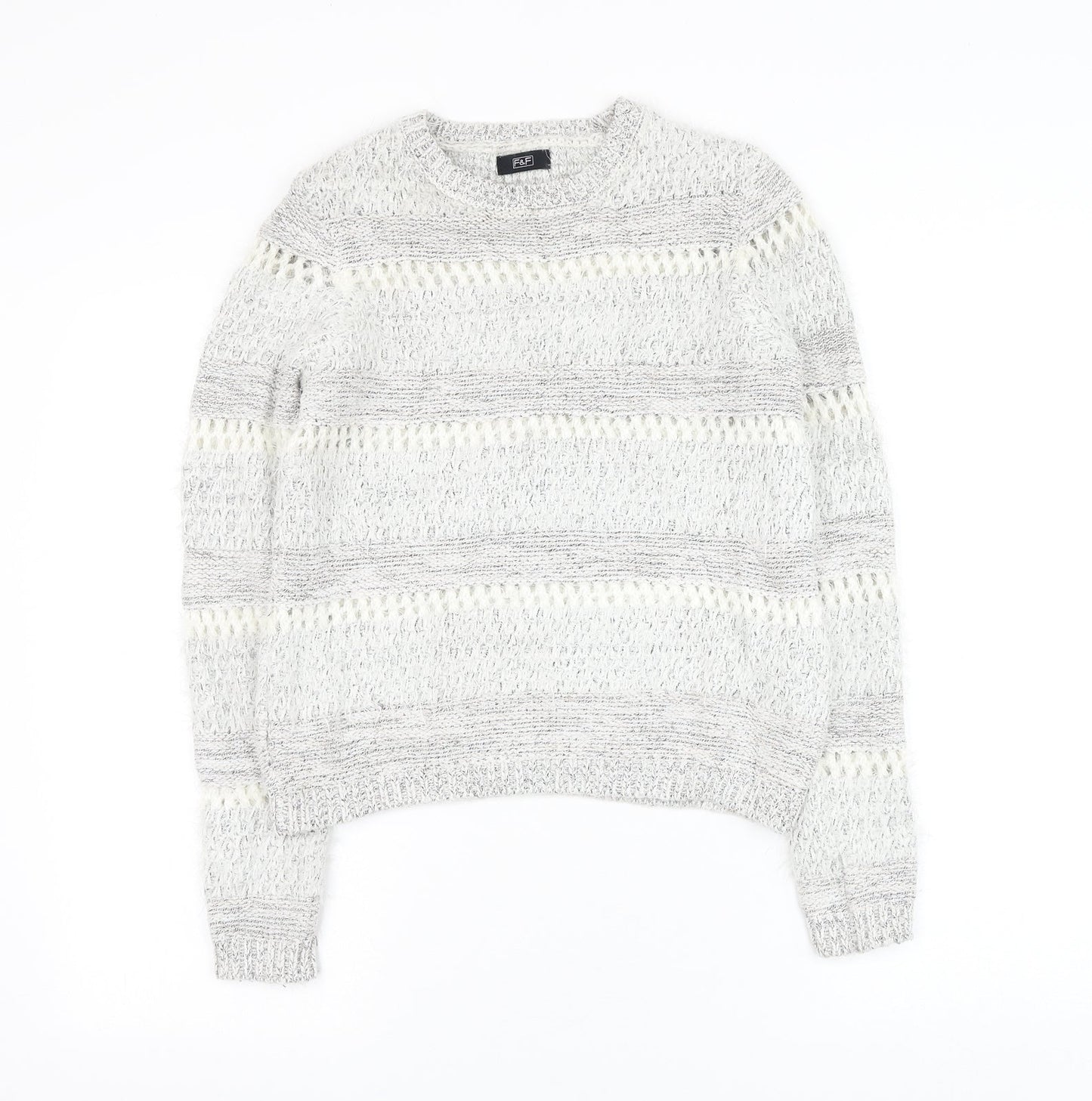 F&F Womens Grey Round Neck Striped Acrylic Pullover Jumper Size 6