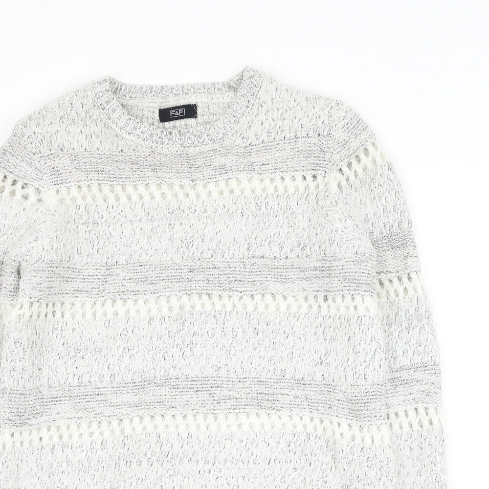 F&F Womens Grey Round Neck Striped Acrylic Pullover Jumper Size 6