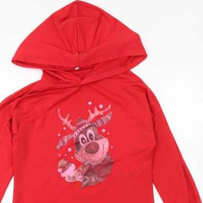 Preworn Girls Red Polyester Jumper Dress Size L Round Neck Pullover - Christmas Reindeer