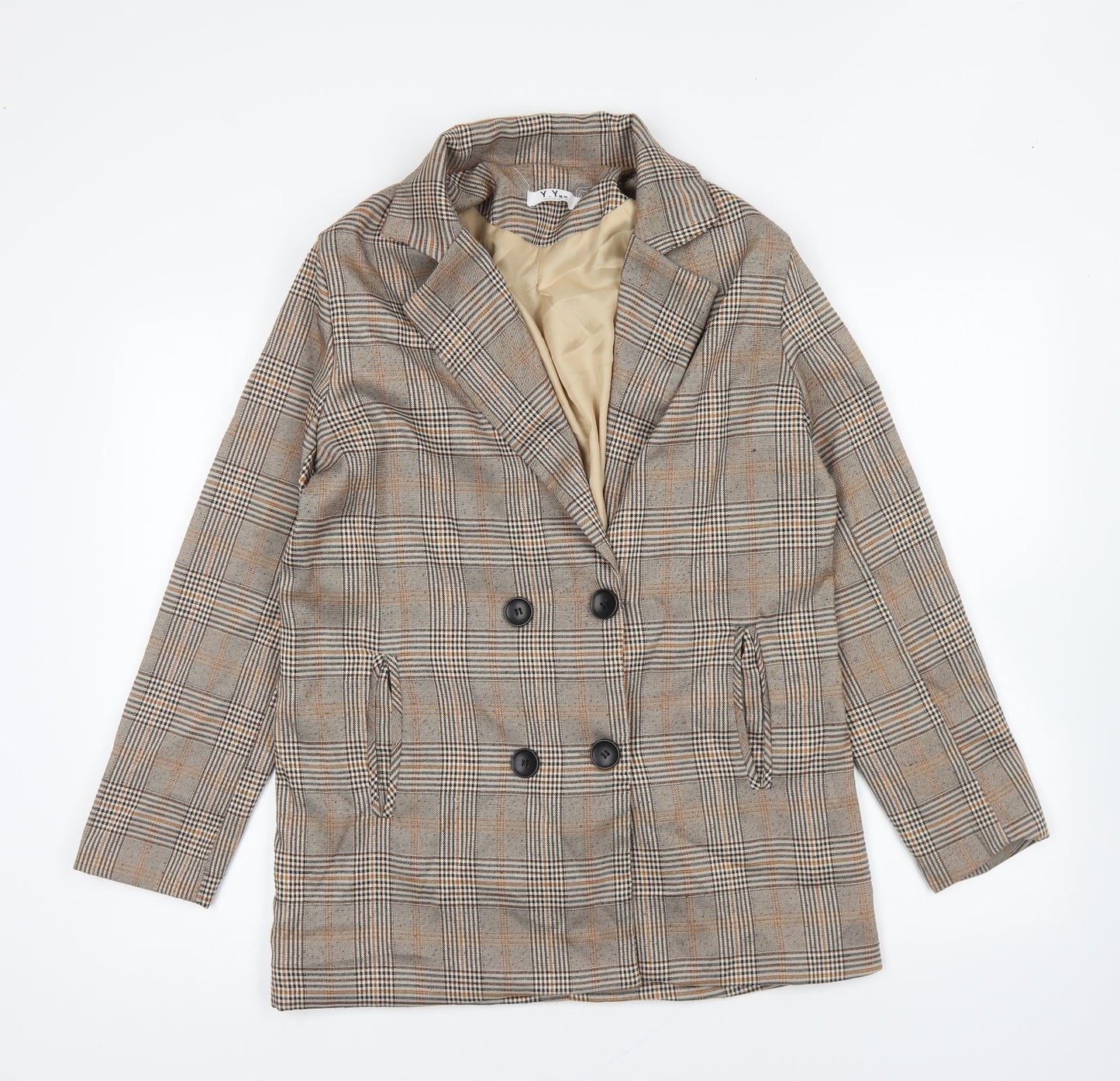 Y.Y Fashion Design Womens Brown Plaid Jacket Blazer Size L Button
