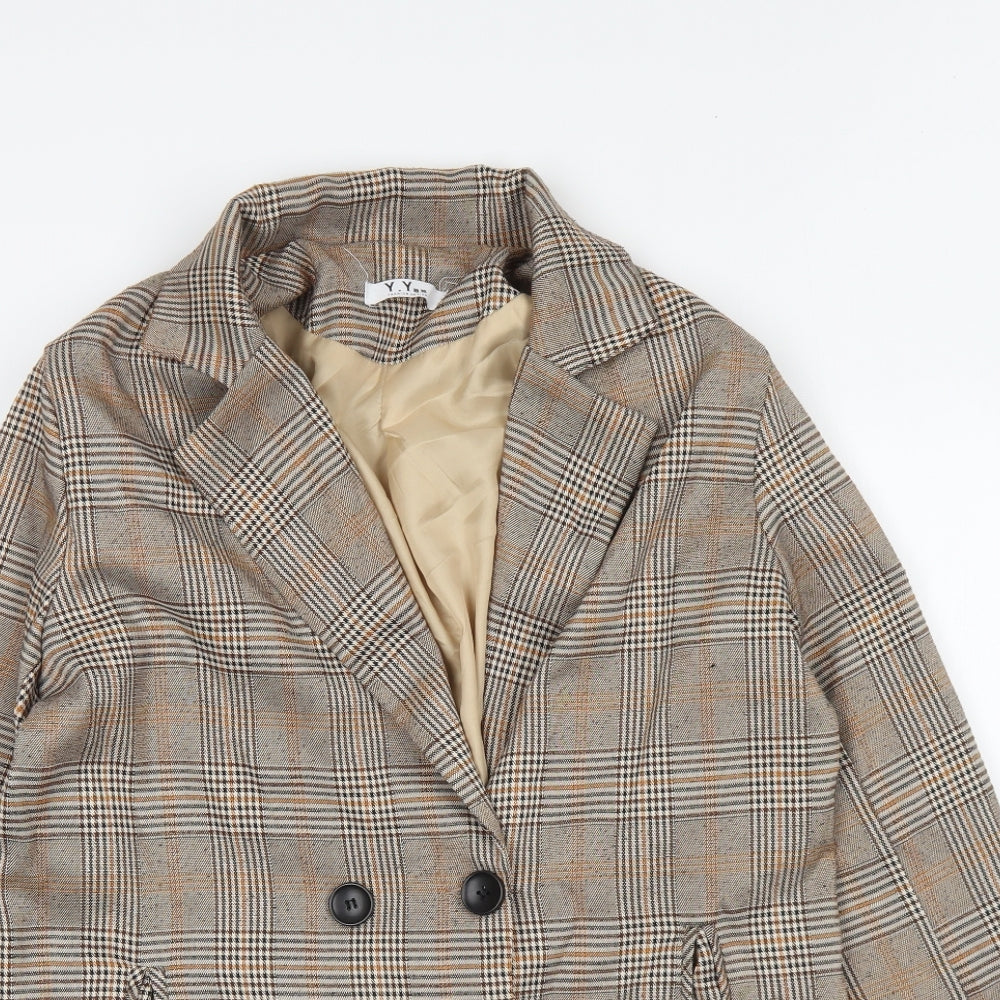 Y.Y Fashion Design Womens Brown Plaid Jacket Blazer Size L Button