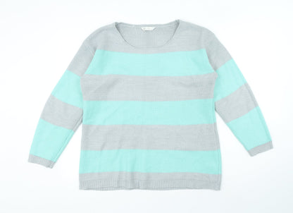Love Knitwear Womens Blue Round Neck Striped Acrylic Pullover Jumper Size 14