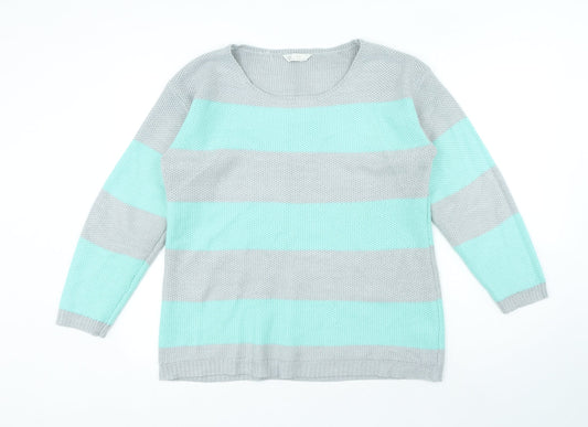 Love Knitwear Womens Blue Round Neck Striped Acrylic Pullover Jumper Size 14