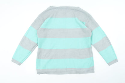 Love Knitwear Womens Blue Round Neck Striped Acrylic Pullover Jumper Size 14