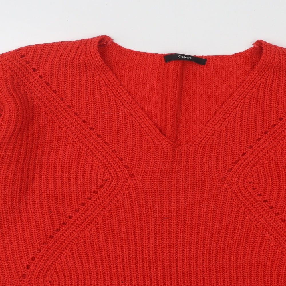 George Womens Red V-Neck Geometric Acrylic Pullover Jumper Size 10