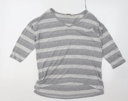 TU Womens Grey V-Neck Striped Polyester Pullover Jumper Size 10