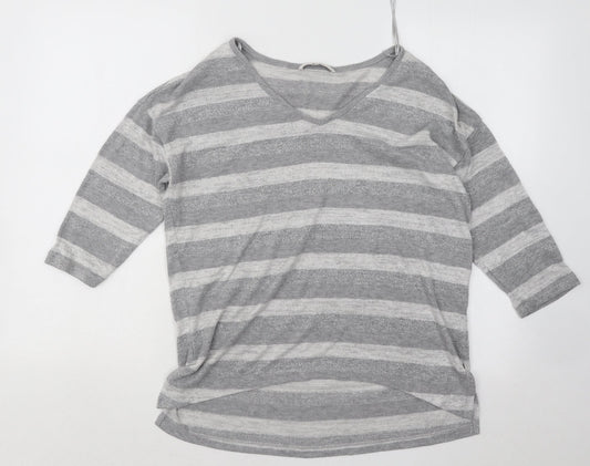 TU Womens Grey V-Neck Striped Polyester Pullover Jumper Size 10
