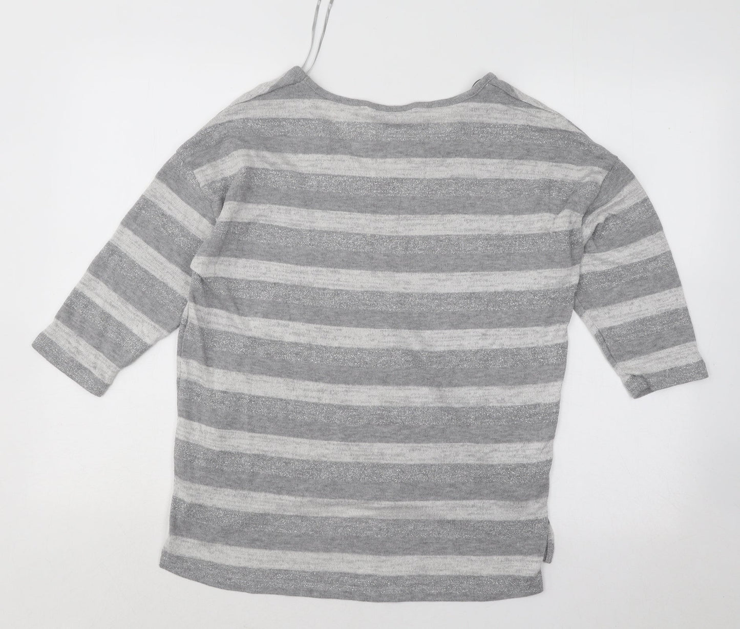 TU Womens Grey V-Neck Striped Polyester Pullover Jumper Size 10