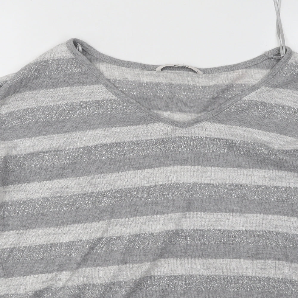 TU Womens Grey V-Neck Striped Polyester Pullover Jumper Size 10
