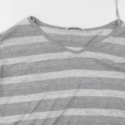TU Womens Grey V-Neck Striped Polyester Pullover Jumper Size 10