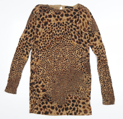 NEXT Womens Brown Animal Print Cotton Bodycon Size 10 Boat Neck Button - Cheater Print