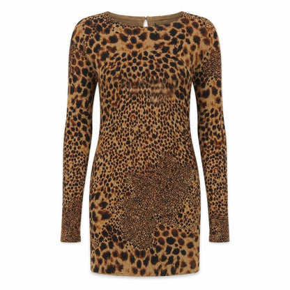 NEXT Womens Brown Animal Print Cotton Bodycon Size 10 Boat Neck Button - Cheater Print