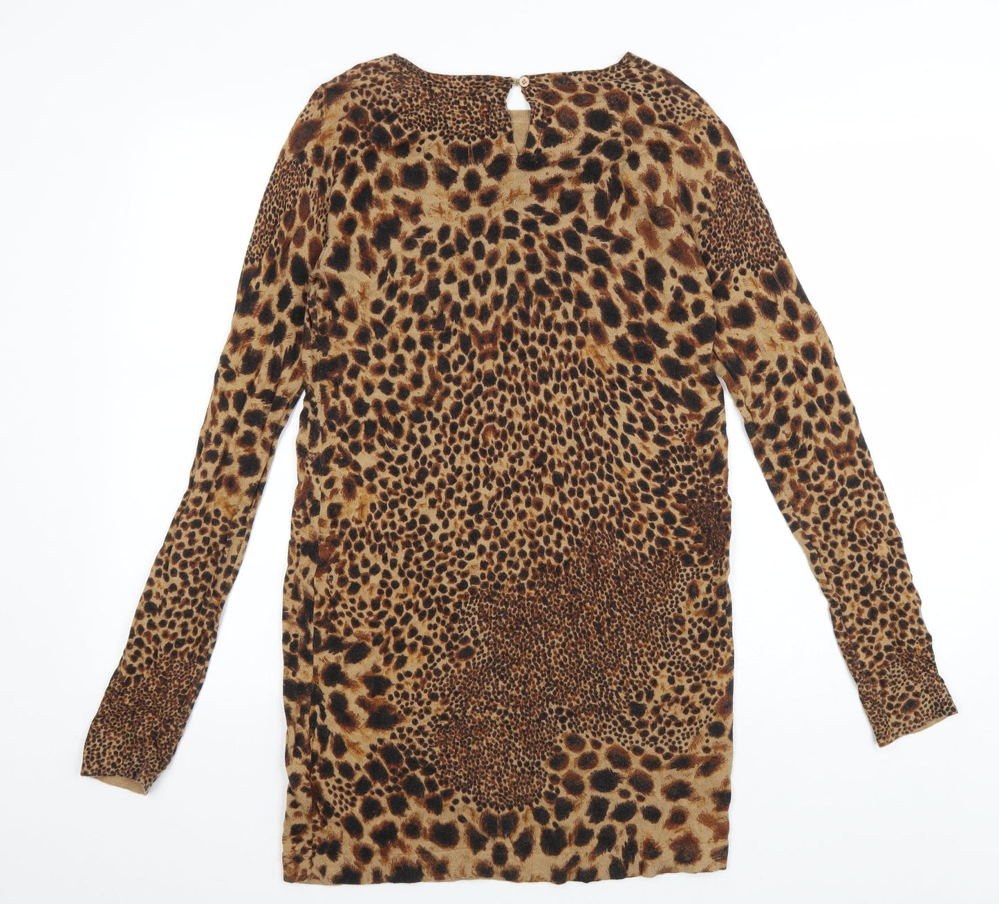 NEXT Womens Brown Animal Print Cotton Bodycon Size 10 Boat Neck Button - Cheater Print