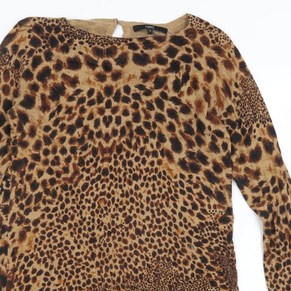 NEXT Womens Brown Animal Print Cotton Bodycon Size 10 Boat Neck Button - Cheater Print