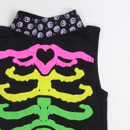 Spooktacular Girls Multicoloured Polyester Basic T-Shirt Size 9-10 Years Mock Neck Hook & Loop - Skeleton Fancy Dress