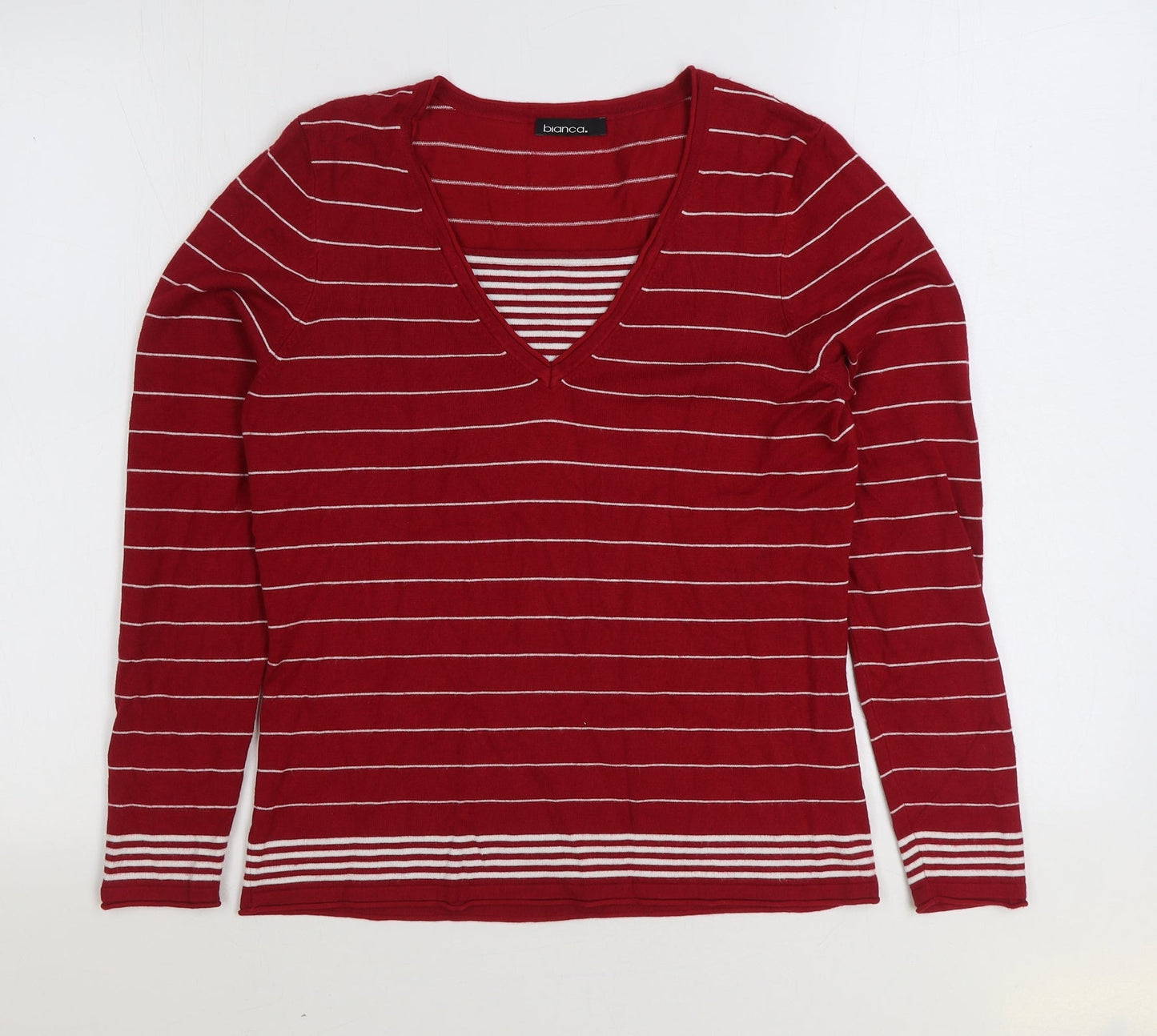 Blanca Womens Red Scoop Neck Striped Viscose Pullover Jumper Size 12