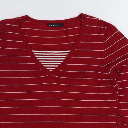Blanca Womens Red Scoop Neck Striped Viscose Pullover Jumper Size 12