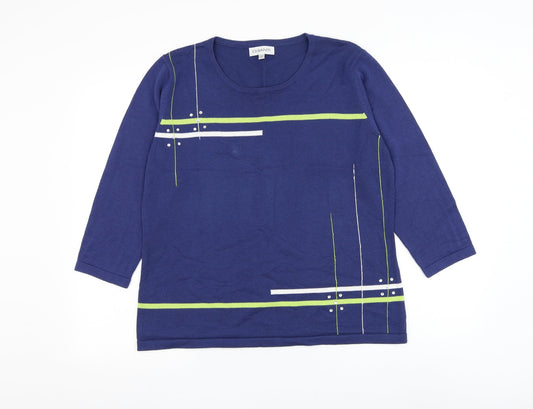 Chianti Womens Blue Round Neck Geometric Acrylic Pullover Jumper Size L