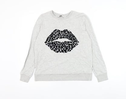 TU Womens Grey Cotton Pullover Sweatshirt Size 8 Pullover - Leopard Print Lips