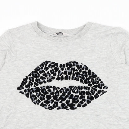 TU Womens Grey Cotton Pullover Sweatshirt Size 8 Pullover - Leopard Print Lips