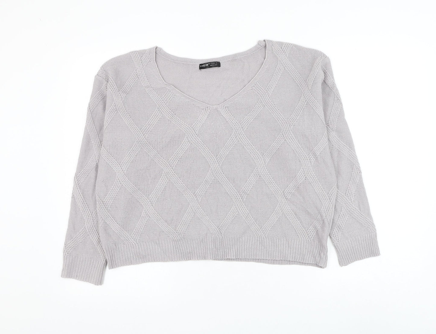 SheIn Womens Grey Scoop Neck Argyle/Diamond Acrylic Pullover Jumper Size L