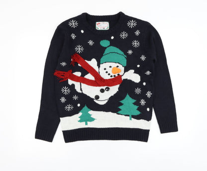 Preworn Mens Blue Round Neck Polyester Pullover Jumper Size XS - Christmas Snowman