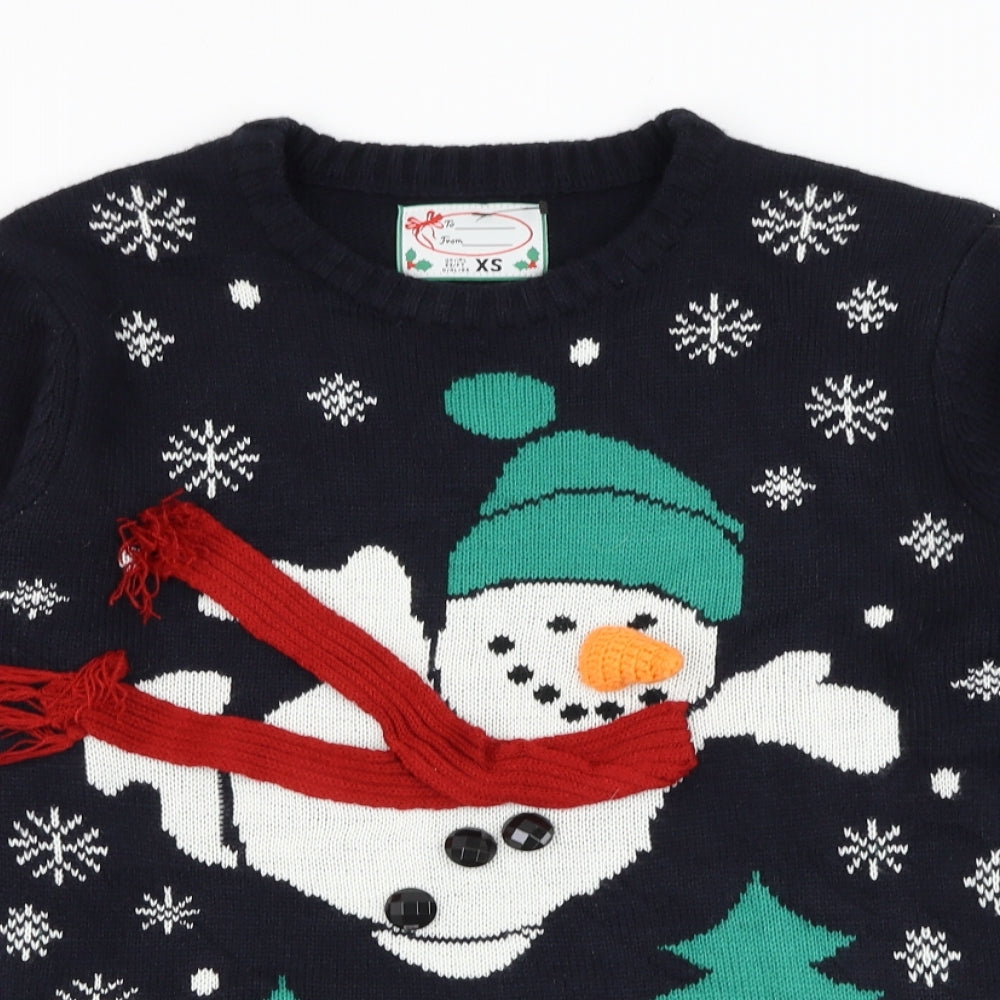 Preworn Mens Blue Round Neck Polyester Pullover Jumper Size XS - Christmas Snowman