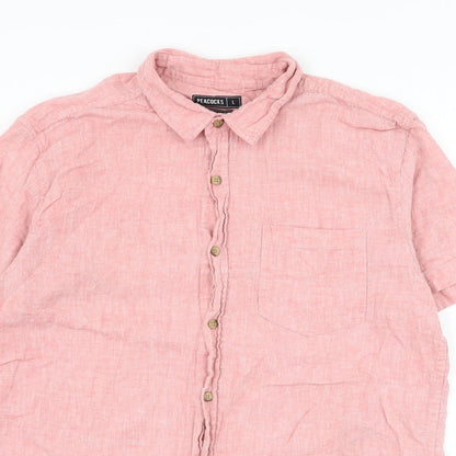 Peacocks Mens Pink Cotton Button-Up Size L Collared Button