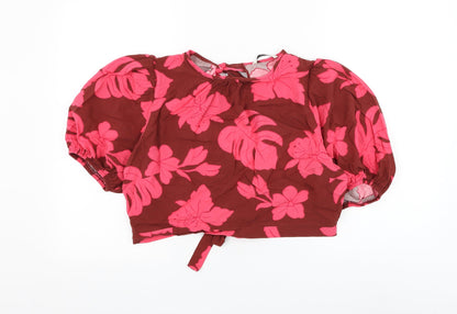 George Womens Brown Floral Viscose Cropped Blouse Size 14 Round Neck - Open Back