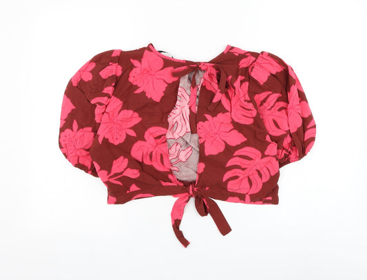 George Womens Brown Floral Viscose Cropped Blouse Size 14 Round Neck - Open Back