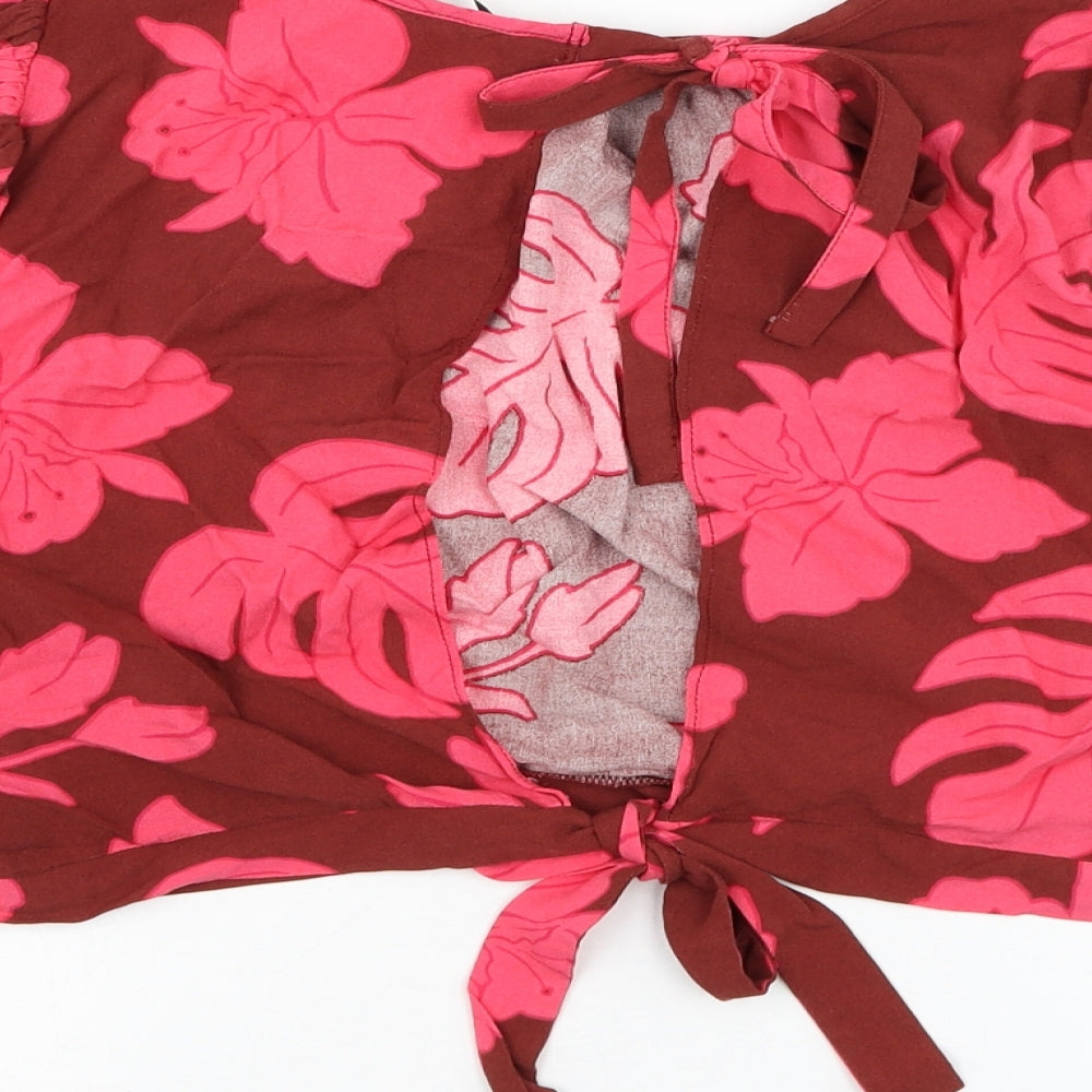 George Womens Brown Floral Viscose Cropped Blouse Size 14 Round Neck - Open Back