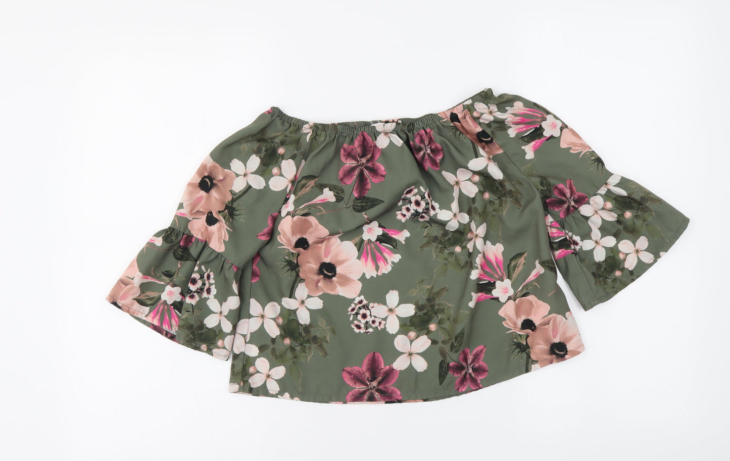 Miss E-vie Girls Green Floral Polyester Basic Blouse Size 11-12 Years Boat Neck Pullover