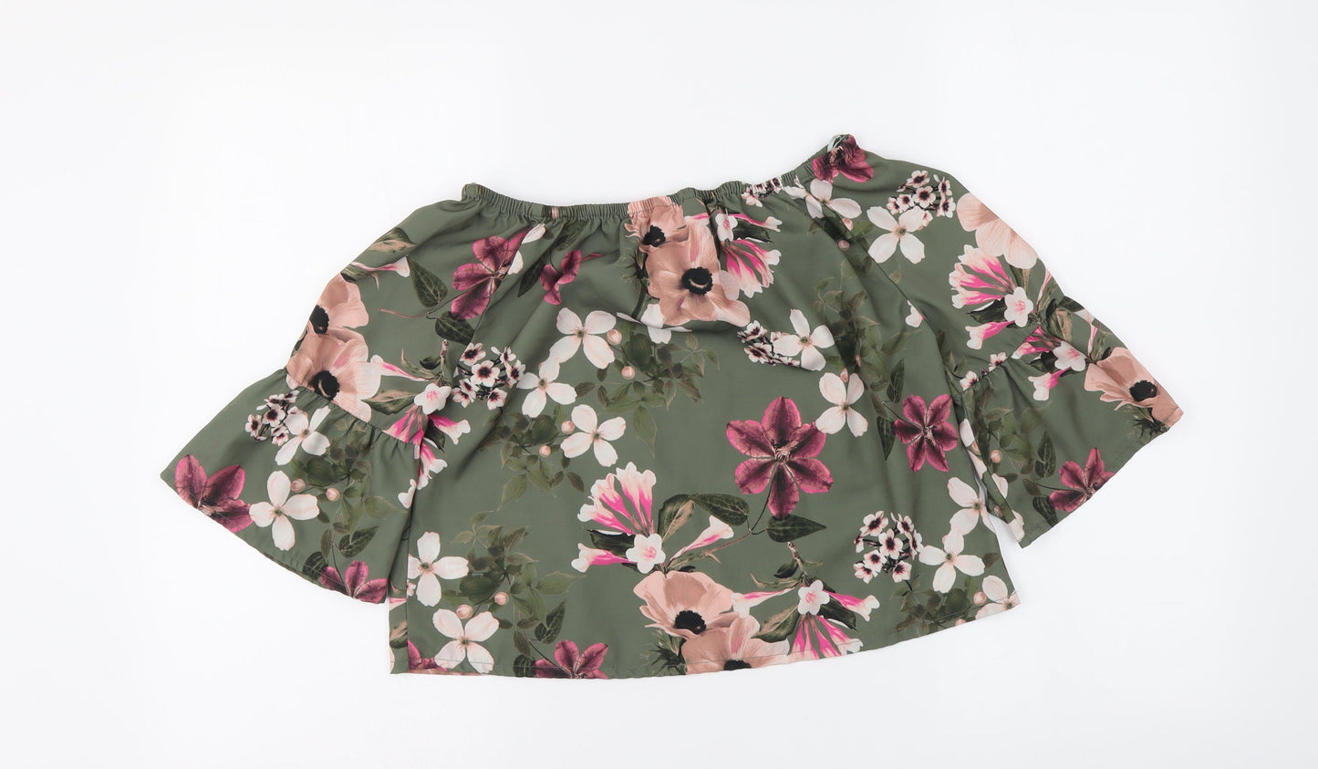 Miss E-vie Girls Green Floral Polyester Basic Blouse Size 11-12 Years Boat Neck Pullover