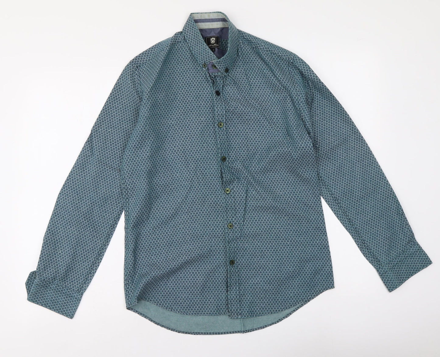Stell & Jelly Mens Blue Geometric Cotton Button-Up Size S Collared Button
