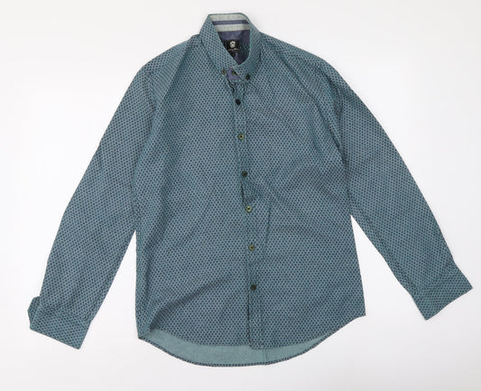 Stell & Jelly Mens Blue Geometric Cotton Button-Up Size S Collared Button
