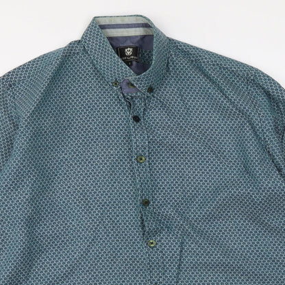 Stell & Jelly Mens Blue Geometric Cotton Button-Up Size S Collared Button