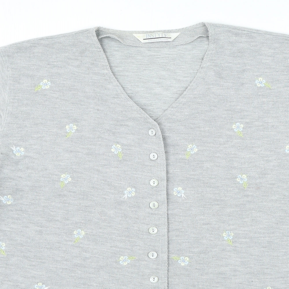IN STYLE Womens Grey V-Neck Floral Polyester Cardigan Jumper Size M
